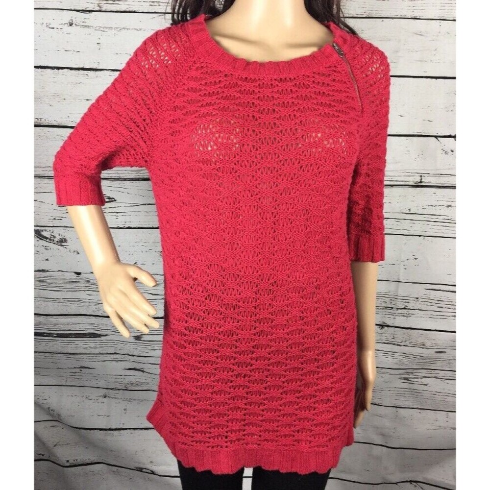 Ann Taylor LOFT Sweater Medium Cranberry Red Open Knit Short Sleeve Zipper Style